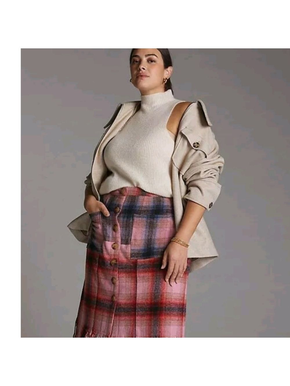 Anthropologie Maeve Plaid Wool Skirt Pink Combo Size 12